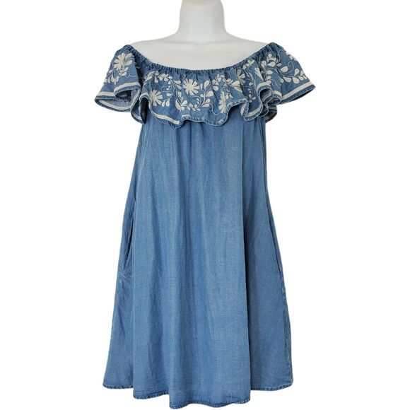 Rebecca Minkoff Summer Short Dress Small Blue Denim Chambray Off Shoulder Pocket - Picture 6 of 9
